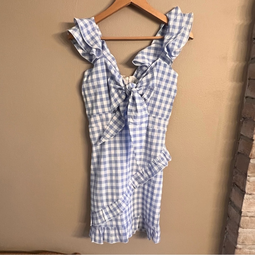Petal & Pup Blue and White Gingham Tie-Front Mini Dress - Picture 2 of 8